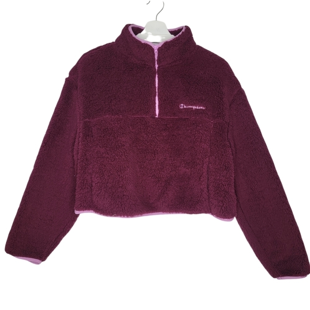 CHAMPION High Pile Quarter Zip Sherpa Jacket Women Large Teddy Crop‎ Purple Pink